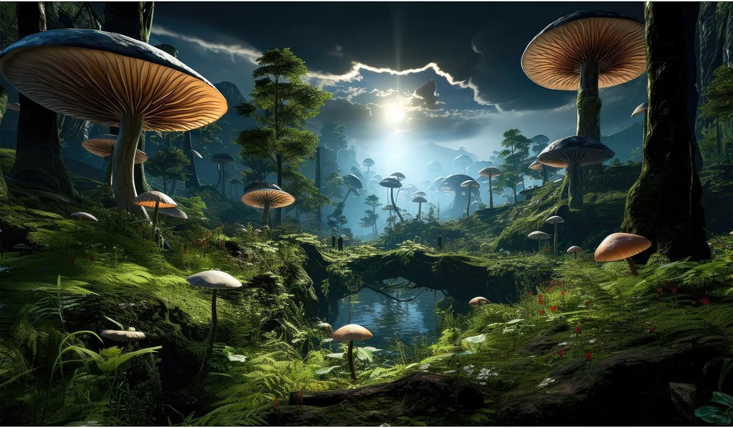 Stylish Fantasy Mushrooms Landscape Aquarium Background Tranquil Stream Cloudy Sky Terrarium Background Lush Green Tropical Plants Trees Fish Tank Backdrop Decoration Tank Background Poster 48x24in Verified