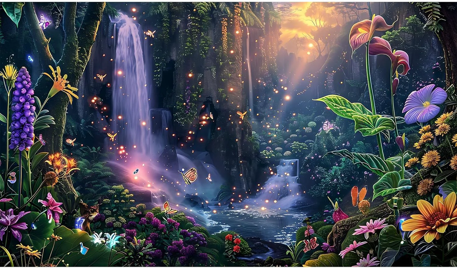 Superior Fantasy Garden Aquarium Background Sunset Waterfall and Flowers Terrarium Backdrop Tropical Forest Lush Plant Butterfly Lights Flowers Fish Tank Background Poster Decorations 72x24in Consistent