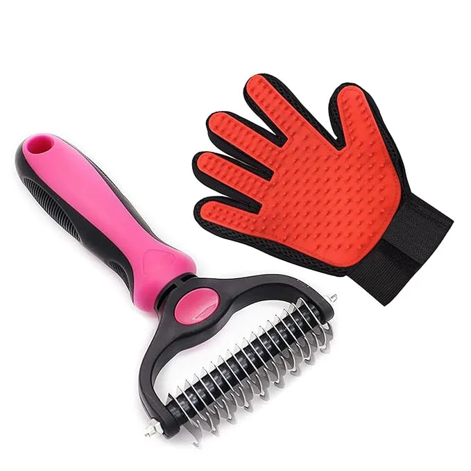 Breathable 2-Piece Cat and Dog Grooming Set with a pair of grooming gloves and a shedding brush for shedding bathing brushing removing undercoat and reducing shedding easily Red Healthy