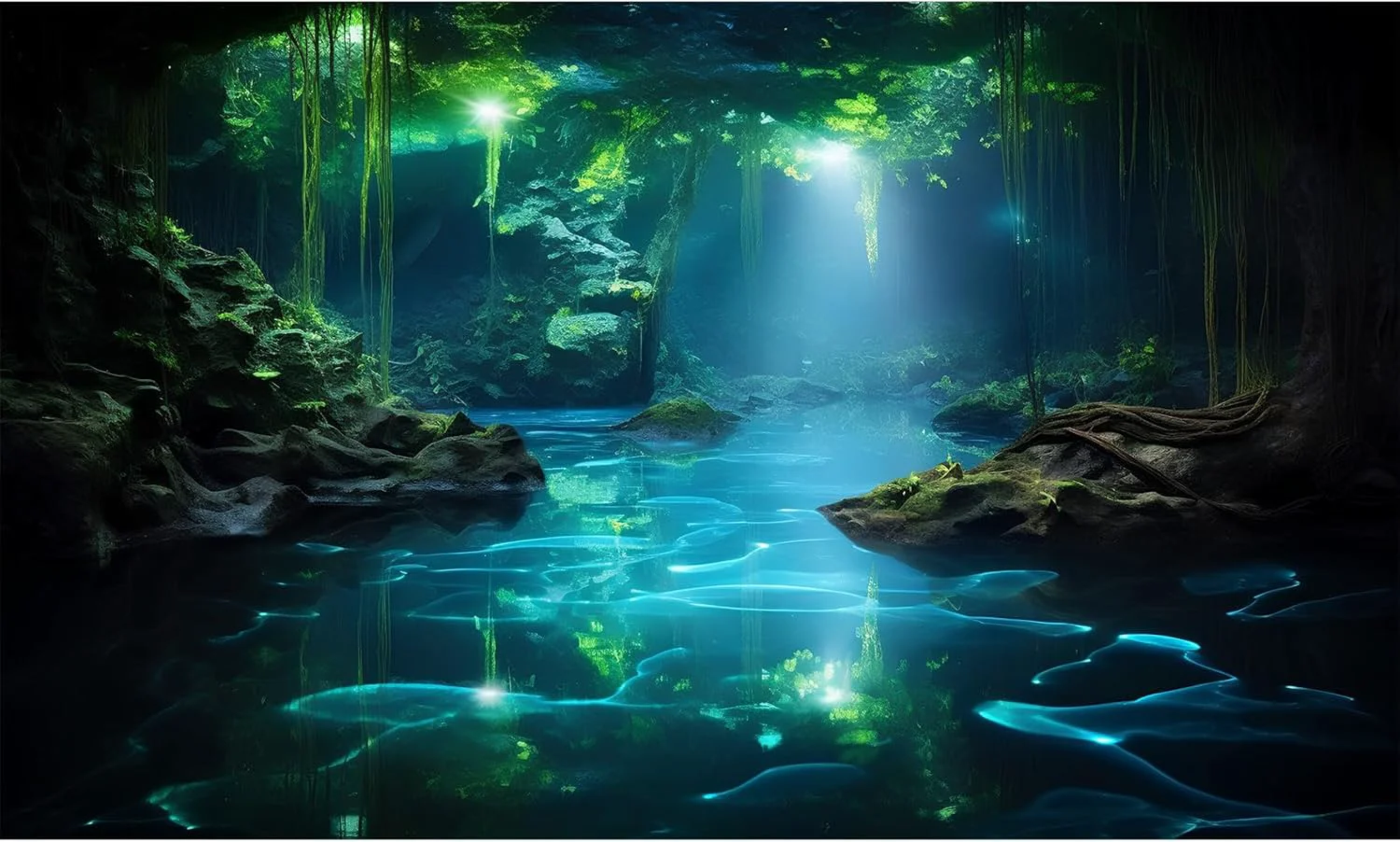 Breathable Cave Aquarium Background Underwater Cave with Light Beam Tranquil Stream Terrarium Background Mysterious Elegant Fantasy Tropical Plants Fish Tank Backdrop Wallpaper Poster Decorations Vinyl 36x24in Long-Lasting