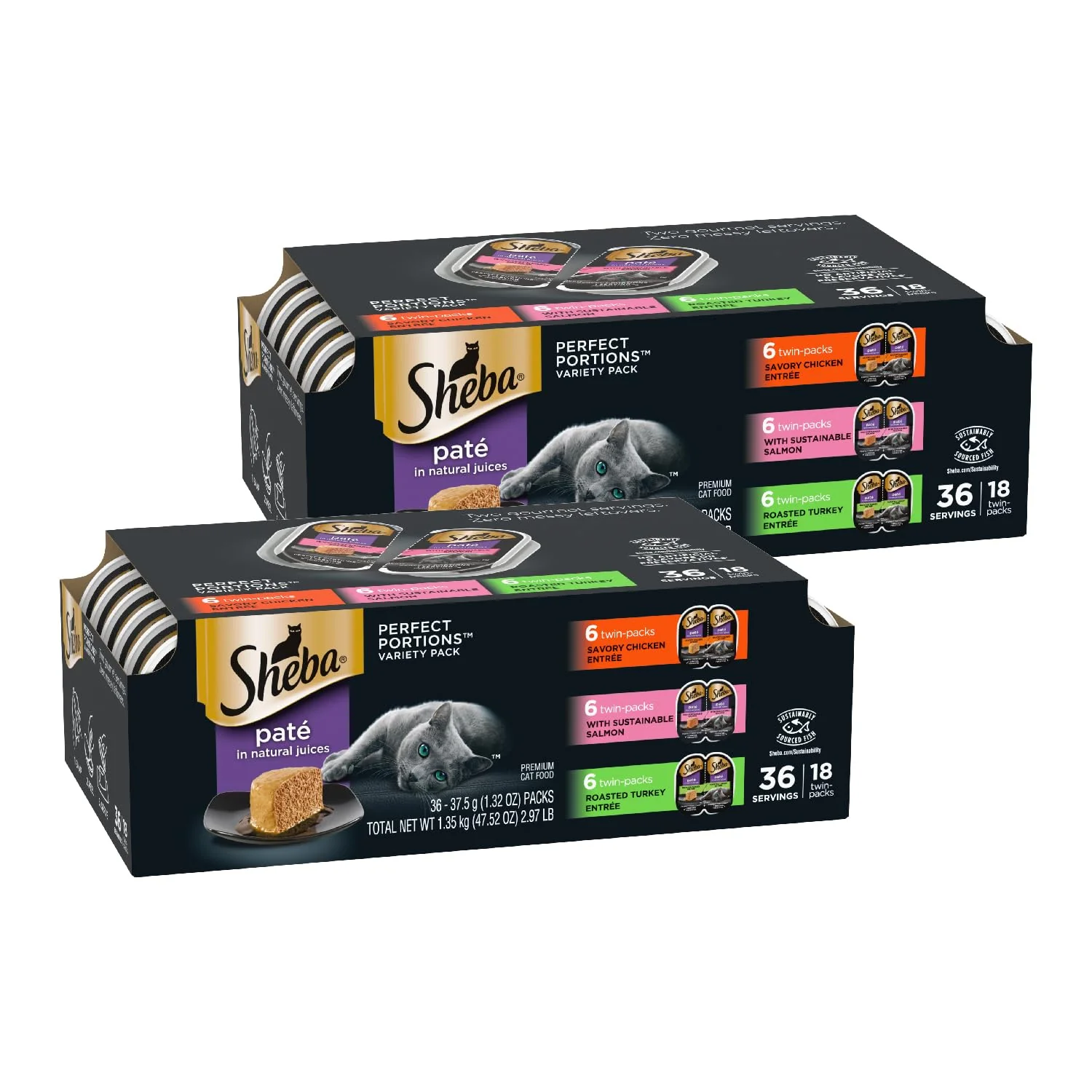 First-Class Sheba Portions Pate Wet Cat Food - Savory Chicken with Sustainable Salmon Roasted Turkey Entree Variety Pack 2.6 oz Twin-Pack Trays 36 Servings Pack of 2 Practical