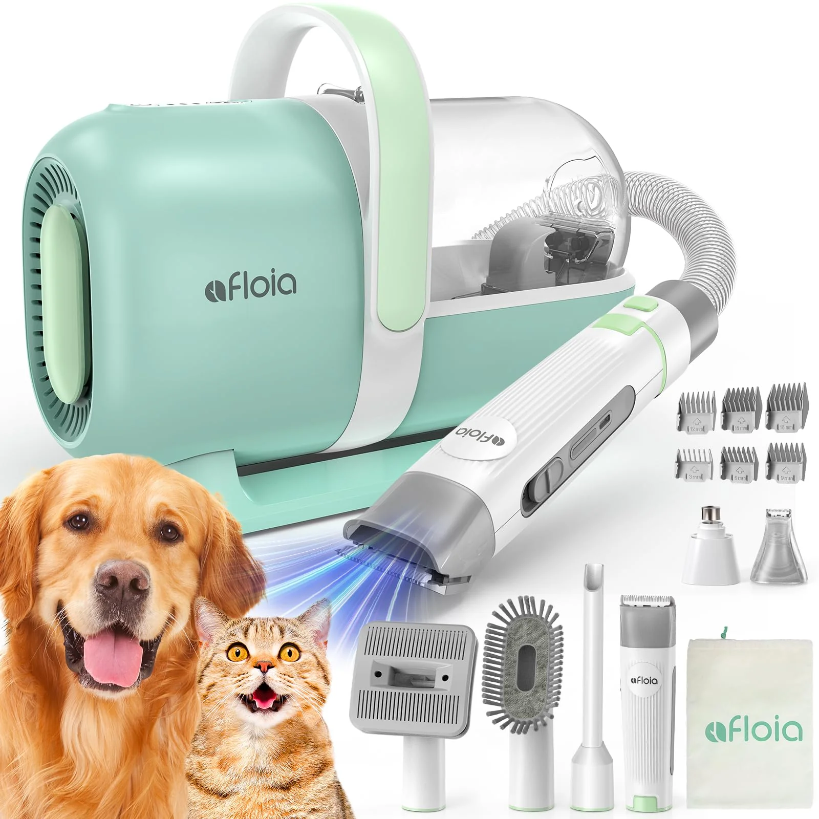 Long-Lasting Afloia 6-in-1 Dog Grooming Kit with Vacuum — Low-Noise 1.5L Dust Cup 3 Suction Levels Powerful