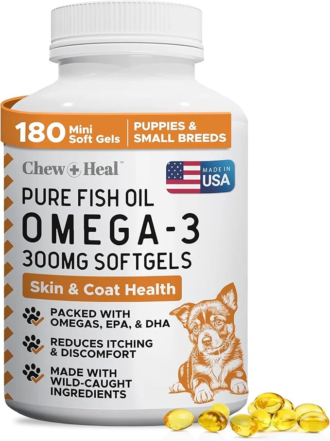 User-Friendly Omega 3 Fish Oil for Dogs Small Breeds Puppies - 180 Mini Softgels 300mg Wild Caught Salmon Oil - Skin Coat Shedding Itchy Skin Hot Spots Allergies - EPA DHA - Made in USA - Chew HealAbout ThisOverview Clean