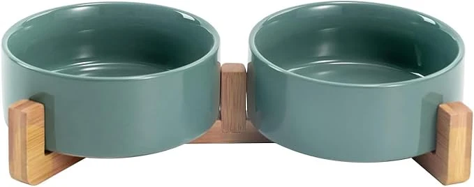 Fashionable SPUNKYJUNKY Ceramic Dog and Cat Bowl Set with Wooden Stand Modern Cute Weighted Food Water Set for Small Size Dogs 13.5OZ Medium Sized Dogs 28.7OZ Cats 1.7 Cups 2 × Morandi Green About ThisOverview Proven