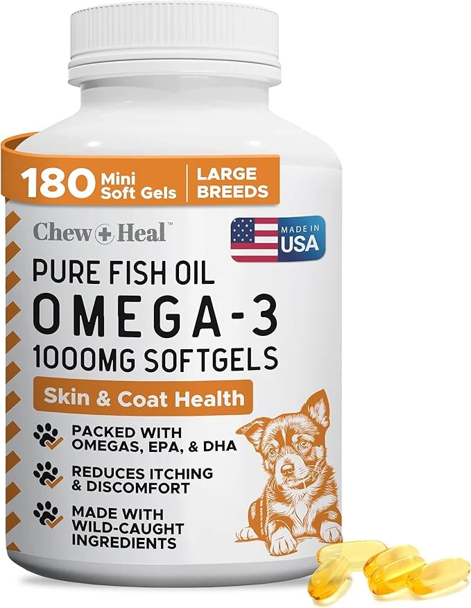 Wild Caught Omega 3 Fish Oil for Dogs - 180 Softgel Capsules for Healthy Skin and Coat - Large 1000 mg Dog Fish Oil Pills for Shedding Dry Itching Skin and Hot Spots - Pet Omega Salmon SupplementAbout ThisOverview Fast