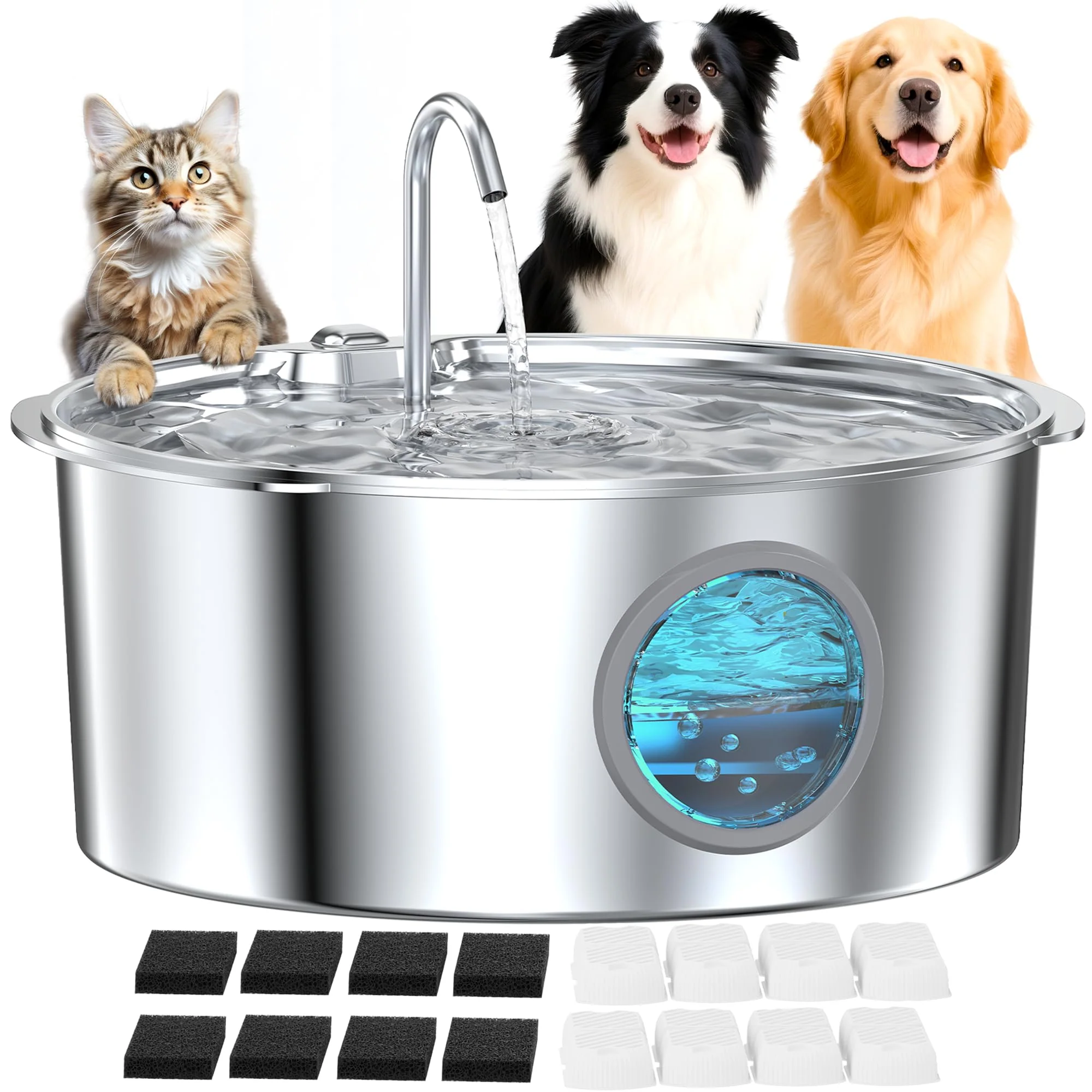 Elite GROOKPET Large Stainless Steel Dog Fountain – 12L 3.2 Gal Quiet Multi-Pet Water Station with 8 Filters 8 Sponges Environmentally Friendly