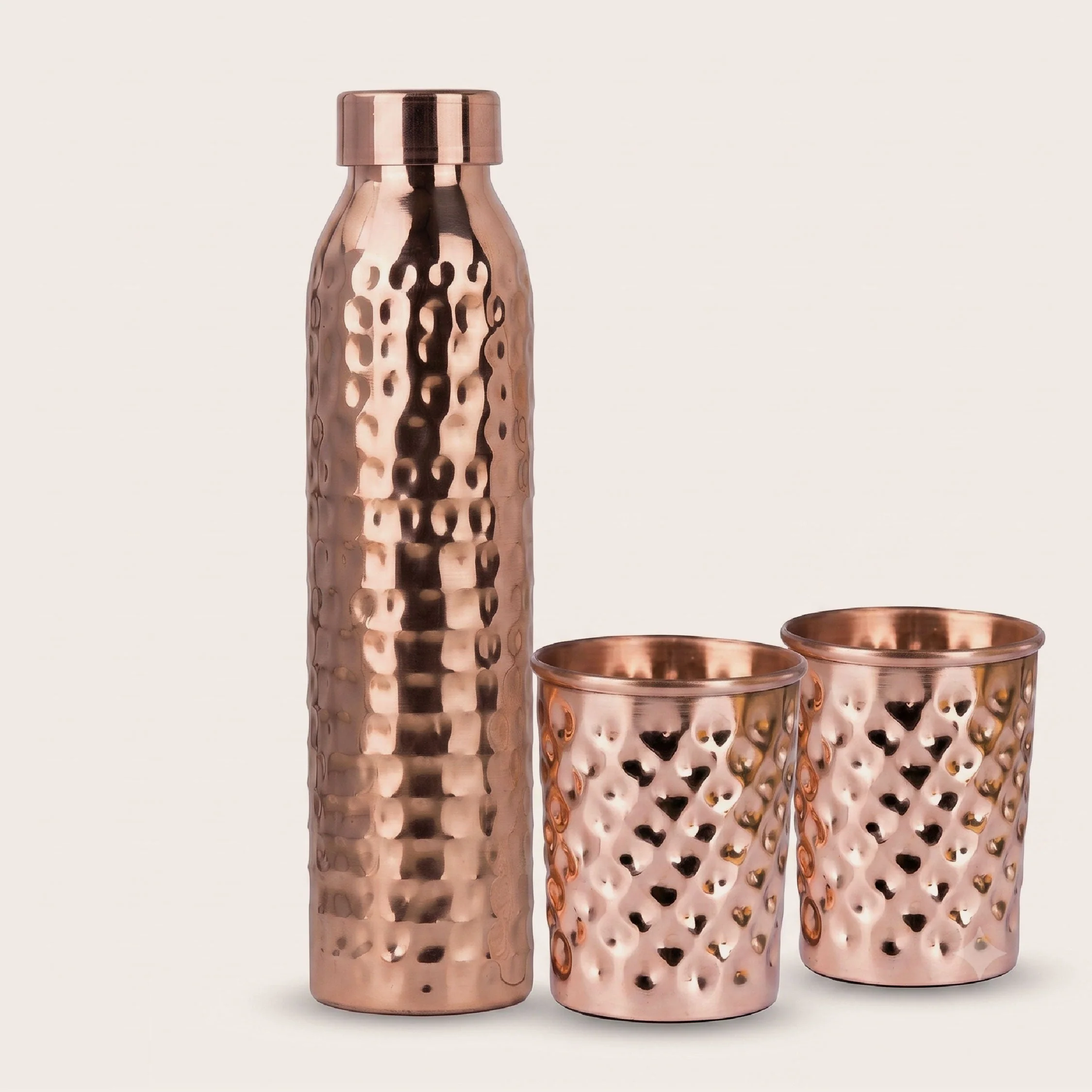 Lightweight Ayurvedic Drinking Set - Copper Bottle and Cups - Hammered High-Quality