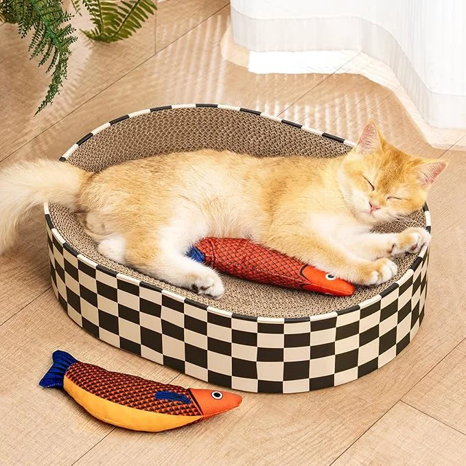 Unique Cat Scratcher Bed 2 in 1 Oval Cat Scratching Board for Indoor Scratch Pad Corrugated Cardboard Lounge Bowl Nest Couch Sofas for Kitty Play Rest Holiday Birthday Gift with Kittens Toy FishAbout ThisOverview Authentic