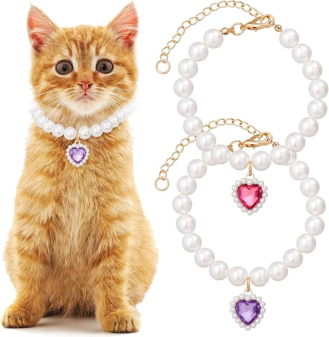Recyclable 2pcs Cat Dog Pearl Collar Small Heart Shape Rhinestone Pet Necklace Fine Crafted