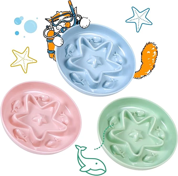 Classic 3 Pcs Cat Slow Feeder Bowl – Whisker Friendly Melamine Puzzle Feeding Cat Bowl for Slow Eating – Wet Dry Food – Dishwasher Safe Lightweight Non-Slip Blue Pink Green 6.3'' About ThisOverview Convenient