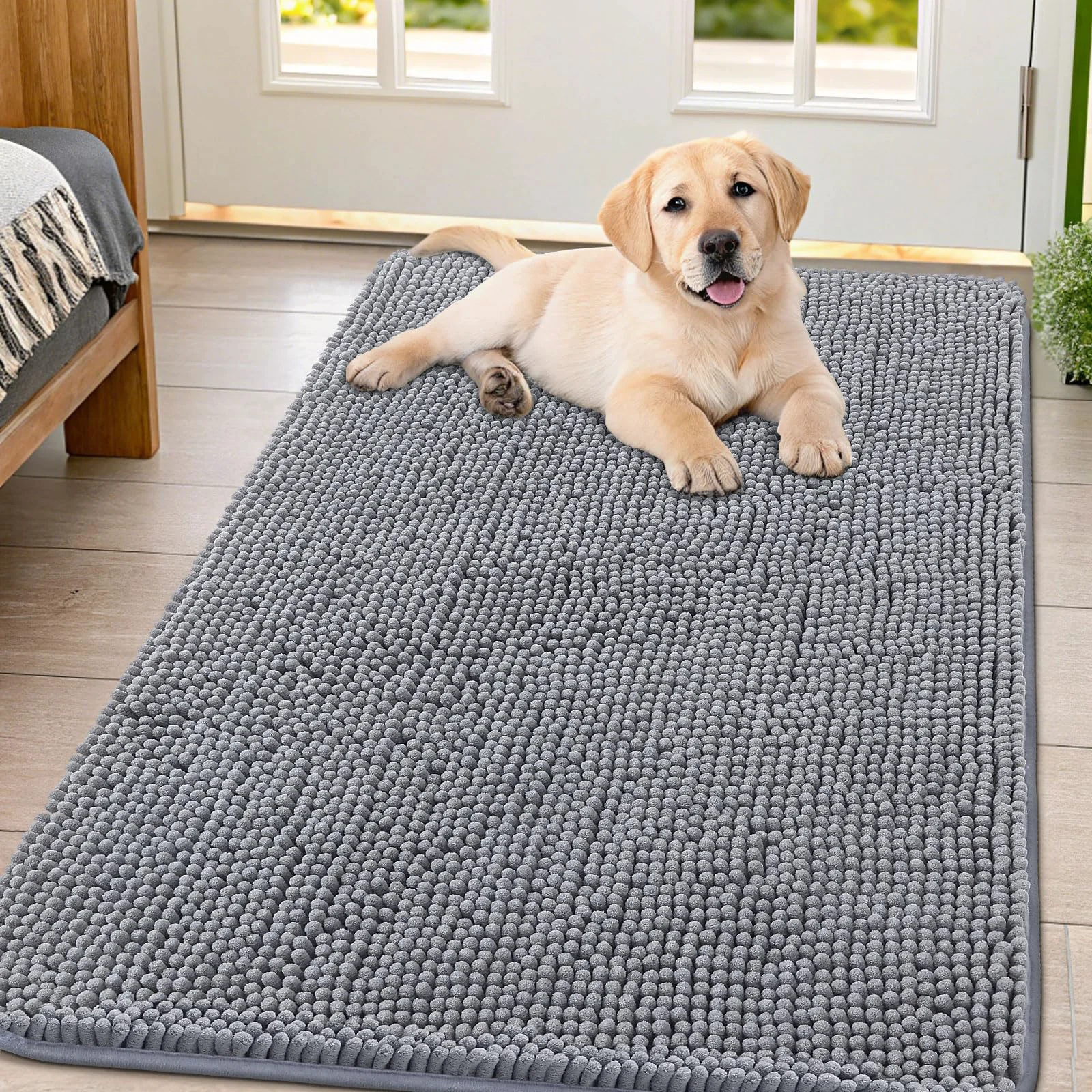 Expertly Made Smiry Dog Door Mat for Muddy Paws 54x32 – Absorbs Moisture Dirt Non-Slip Chenille Front Door Mat Grey Lightweight