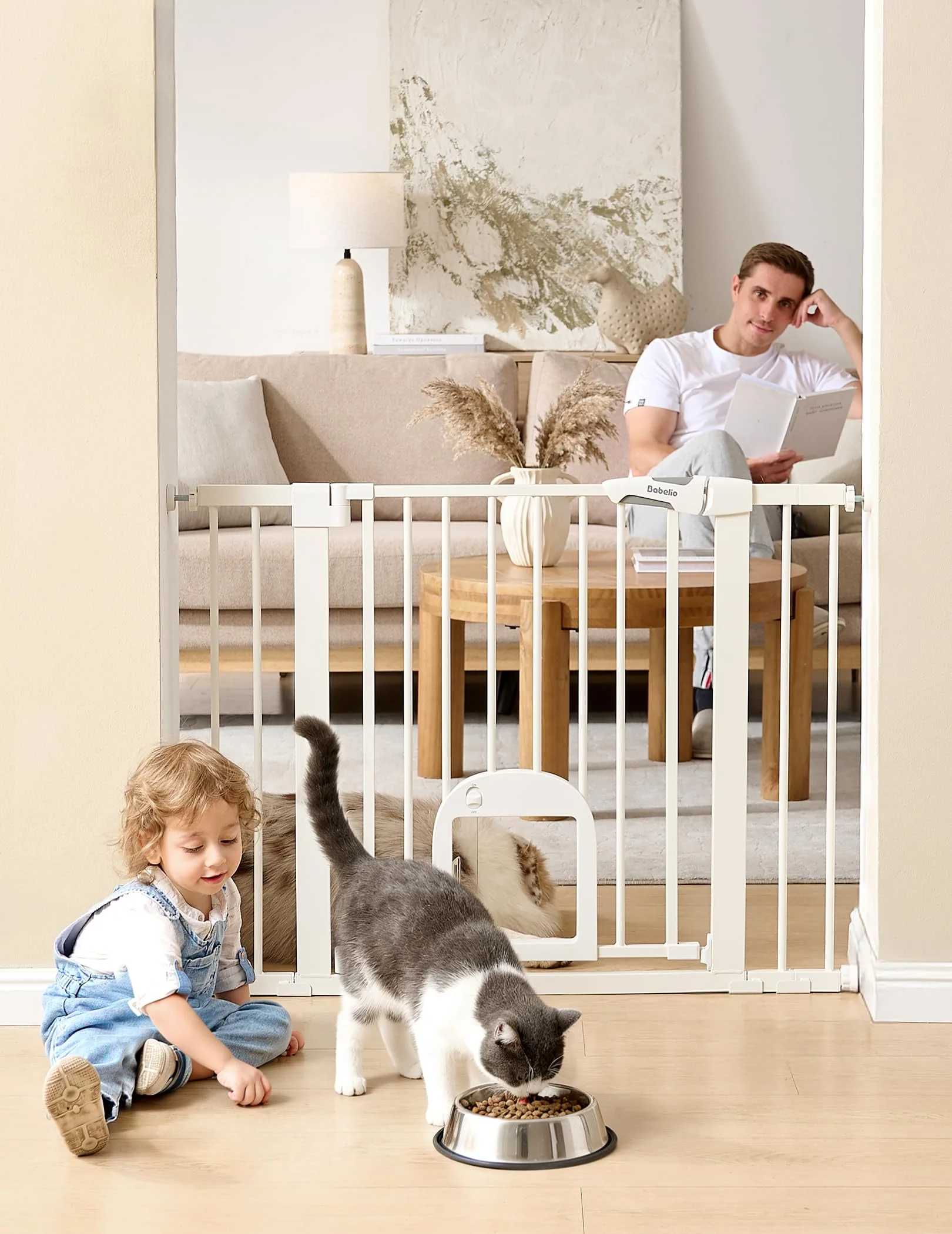 Contemporary BABELIO Baby Gate with Adjustable Cat Door — 29–43in Auto Close Pressure Mounted Pure