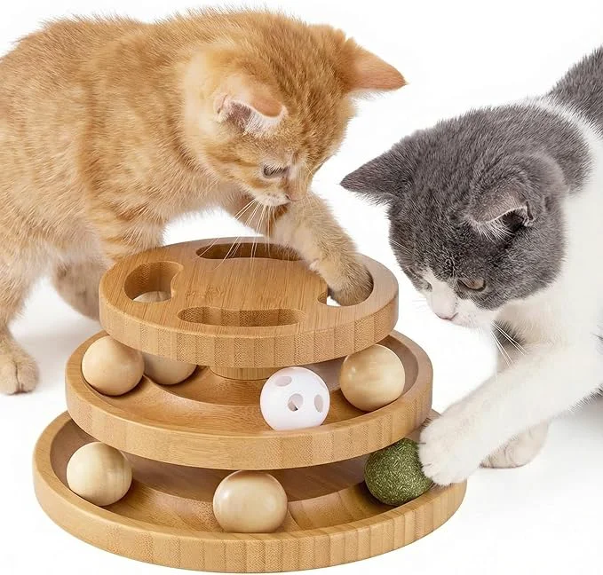 Breathable Cat Ball Track Toy with Puzzle Top and DIY Bell Wooden Cat Toys Green