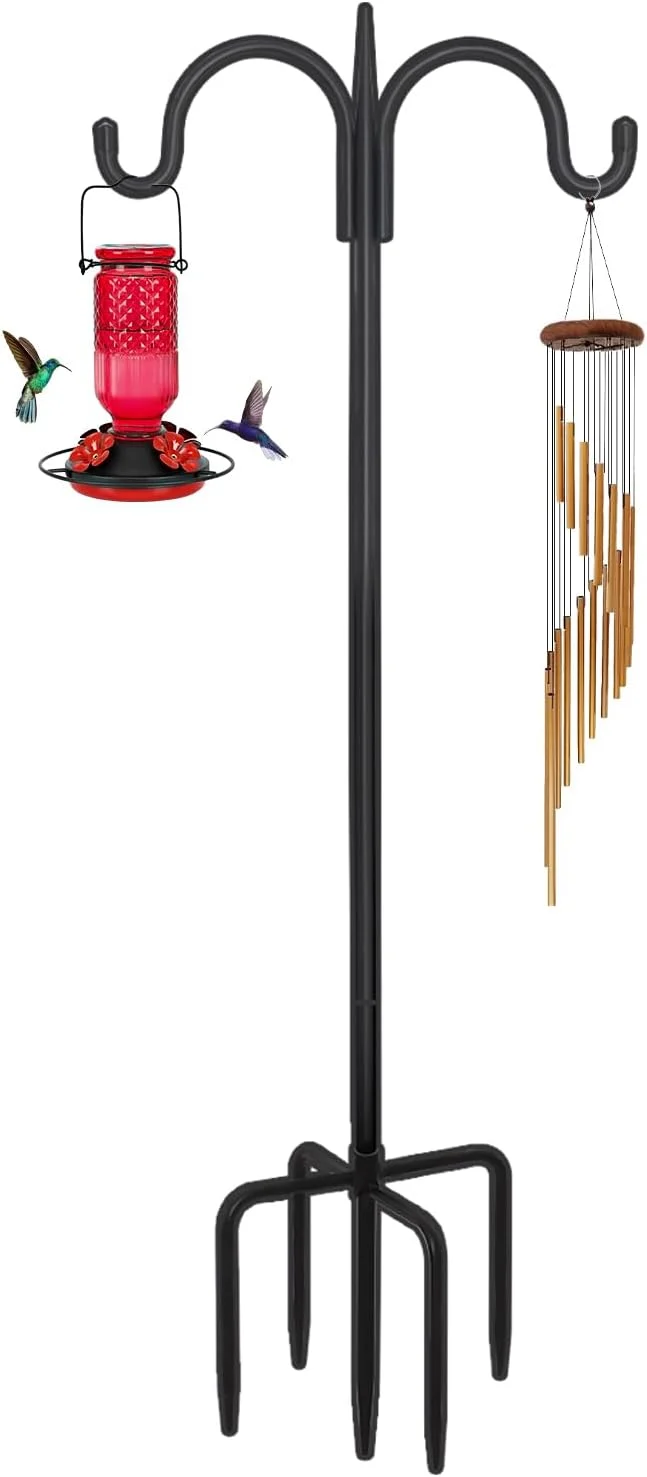Clean FEED GARDEN Adjustable Double Shepherds Hook for Outdoor with 5 Prong Base 76 Inch Heavy Duty Two Sided Bird Feeder Pole for Hanging Plant Baskets Solar Light Lanterns Wind Chimes Premium Material