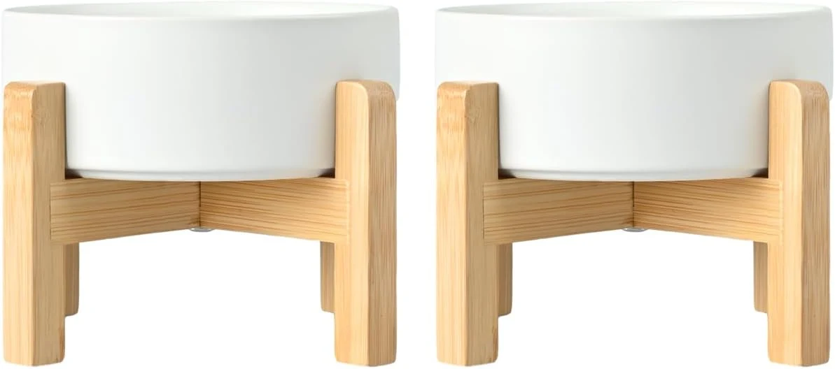Trendy SPUNKYJUNKY Ceramic d Dog Bowls 2 Pack - 5.1inch Raised Dog Bowls with Non-Slip Wooden Stand for Small Dogs Dishwasher Safe White 13.5OZ 2 User-Friendly