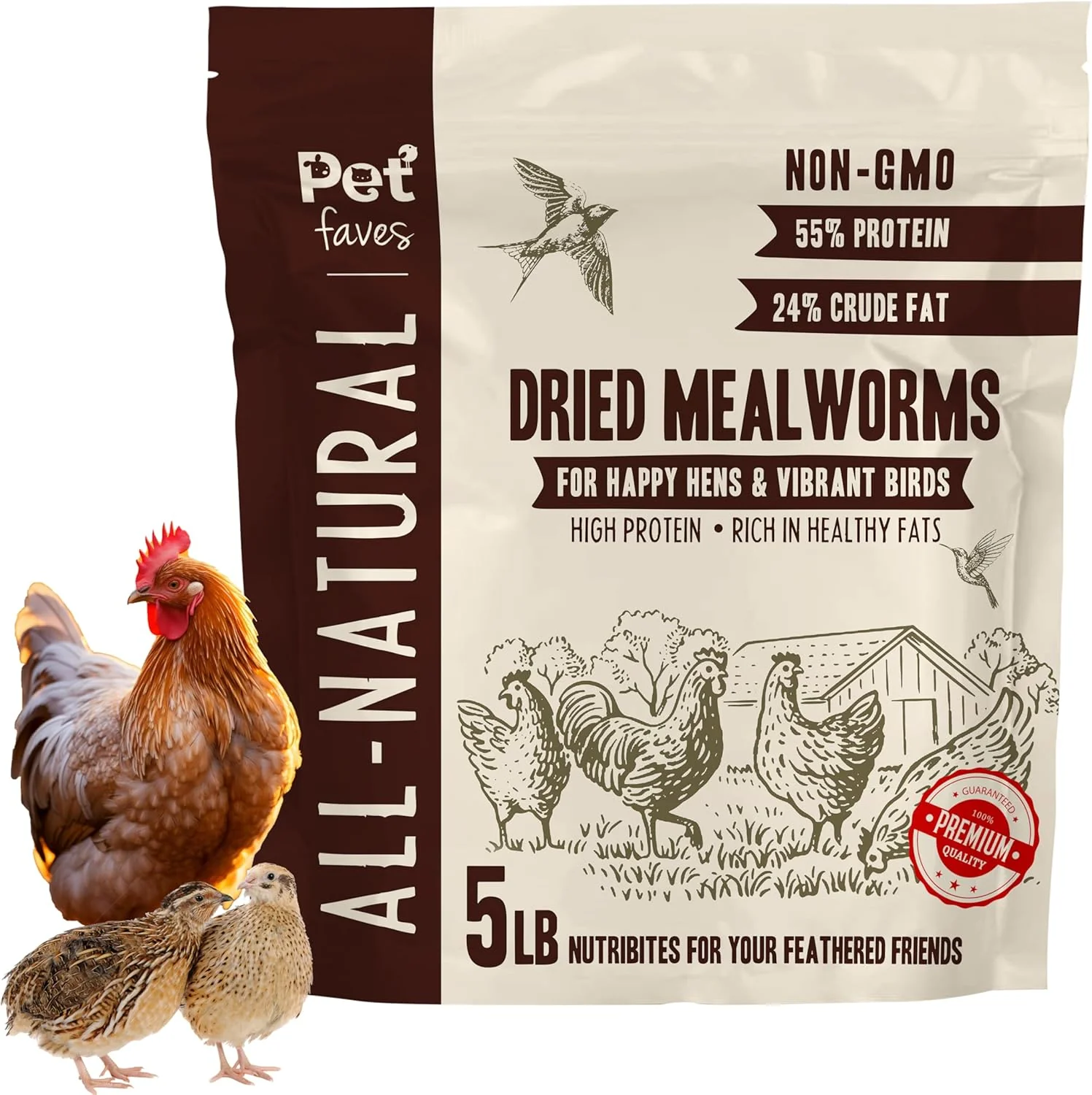 Clean Dried Mealworms for Chickens Birds Hamster Reptile and Turtle - Premium Non-GMO Treats with 55 Protein for Laying Hens - Organic Food for Wild Bird Bluebirds Robins Cardinals. 5 Lb High-End