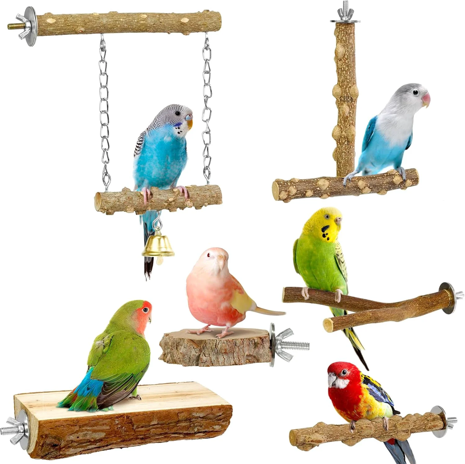 Versatile Bird Perches 6pcs Natural Wood Birds Stand Branch Bird Perch Chewing Stick Cage Accessories Parrot Climbing Standing Branches Paw Grinding Fork Sets for Parakeet Lovebirds Cockatiels Luxury