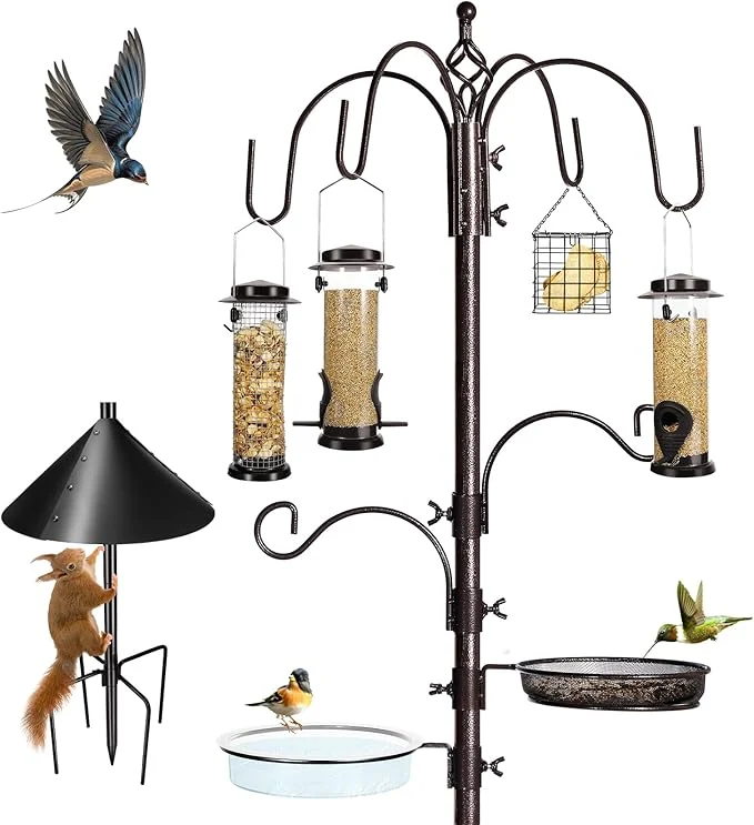 Dependable 6-Hook Bird Feeding Station Kit Wild Bird Feeder Stand Pole Mesh Tray and Long-Lasting
