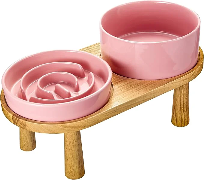 Carefully Designed Ceramic Slow Feeder and Water Bowl Set for Small Dogs 6.0 Inch Ceramic Dog Bowls d with Wooden Stand 0.6 Cups Dog Slow Feeder 14oz and 30oz Water Bowl Set PinkAbout ThisOverview Prestigious