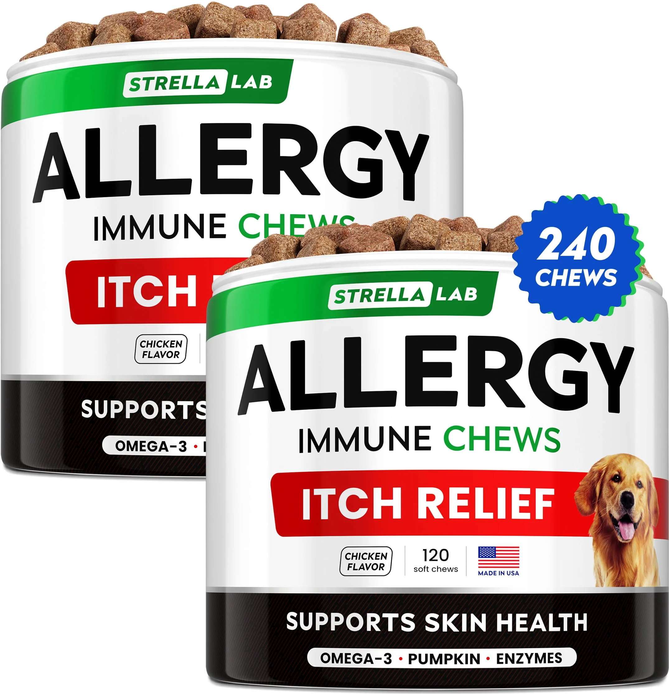 Enhanced STRELLALAB Dog Allergy Relief Chews with Omega-3 – Ingredients Taste Skin Coat Support USA Made 240 Ct Elite