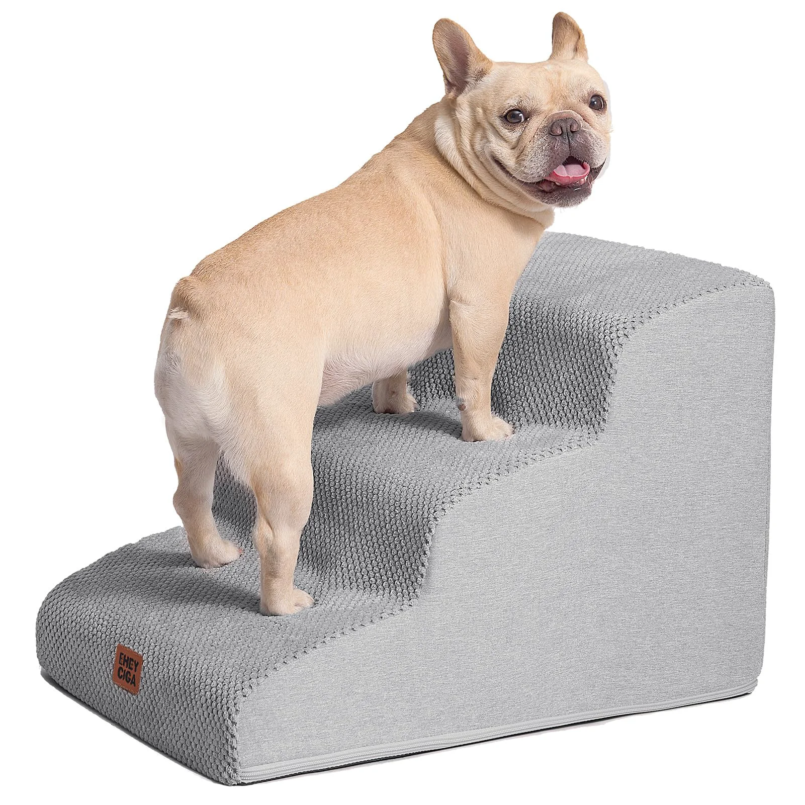 World-Class EHEYCIGA Curved Dog Stairs – 3-Step Non-Slip Foam Pet Steps Light Grey Long-Lasting