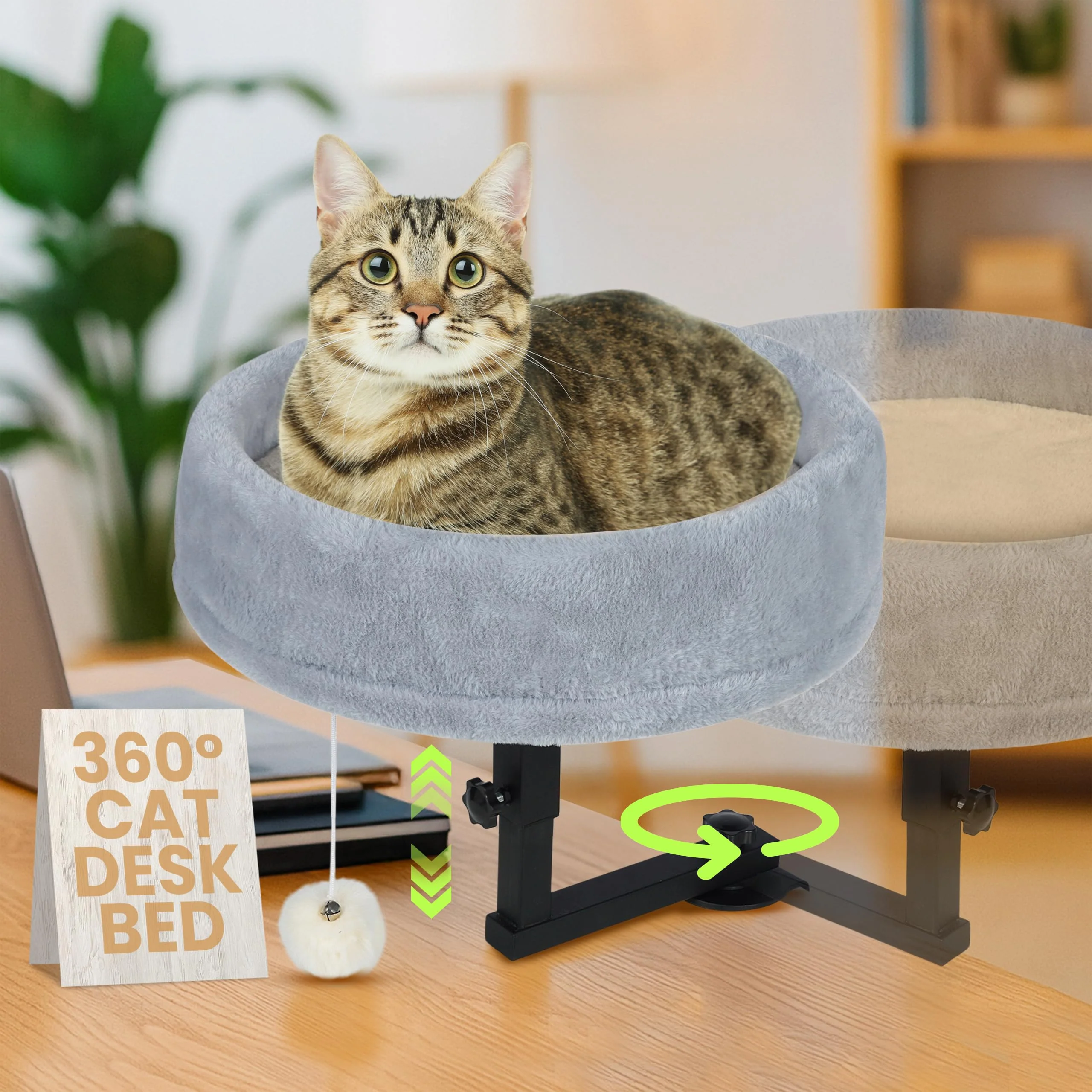 Modern Zayana Cat Desk Bed — 360° Rotating Adjustable Height Desk Mount in Grey Dependable