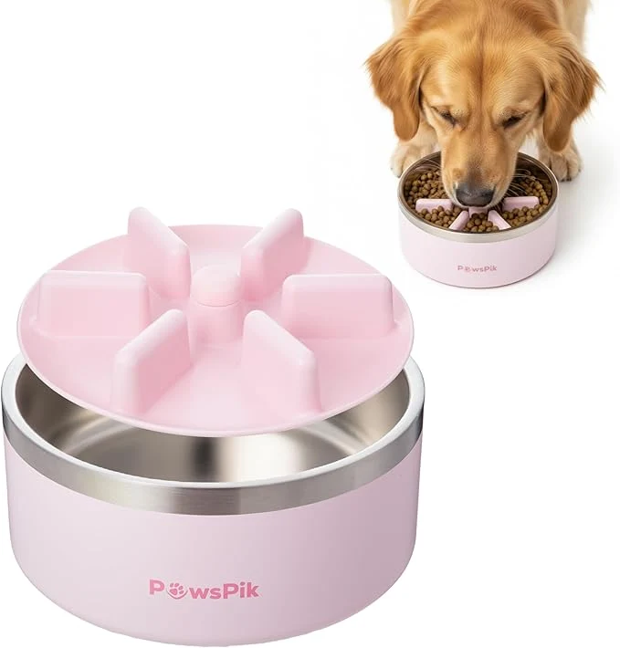 Authentic PawsPik 64oz 18 8 Stainless Steel Slow Feeder Dog Bowl Double-Wall Non-Slip Metal Dog Bowl for Fast Eating Medium Large Breeds Detachable Slow Feeder Insert Dishwasher Safe Cherry Blossom Pink About ThisOverview Efficient