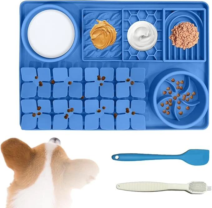 Practical Lick Mat for Dogs Includes Brush and Scraper Snuffle Mat Silicone Anti-chocking Pet Dish Non-Slip Dog Licking Bowl Interactive Entertainment Puzzle Toy BlueAbout ThisOverview Refined