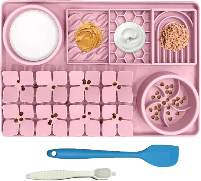 Specialty Lick Mat for Dogs Cats Includes Brush and Scraper Snuffle Mat Silicone Anti-chocking Pet Dish Non-Slip Dog Licking Bowl Interactive Entertainment Puzzle Toy PinkAbout ThisOverview Casual