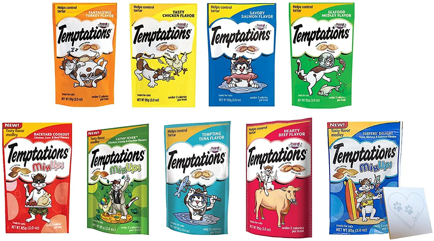 Innovative Temptations Cat Treats Huge Variety Pack – 9 Flavors 9 Bags x 3 oz Pet Paws Notepad Modern