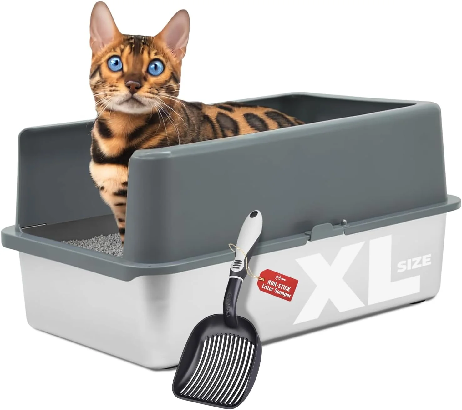 Advanced iPrimio - Stainless Steel Litter Box for Cats - Enclosed Sides and Easy to Clean - Includes High-Sided Litter Box Scooper for Extra Litter Scatter Protection - XL Size for Big Cats - 23.5 x15.5 x6 Stylish