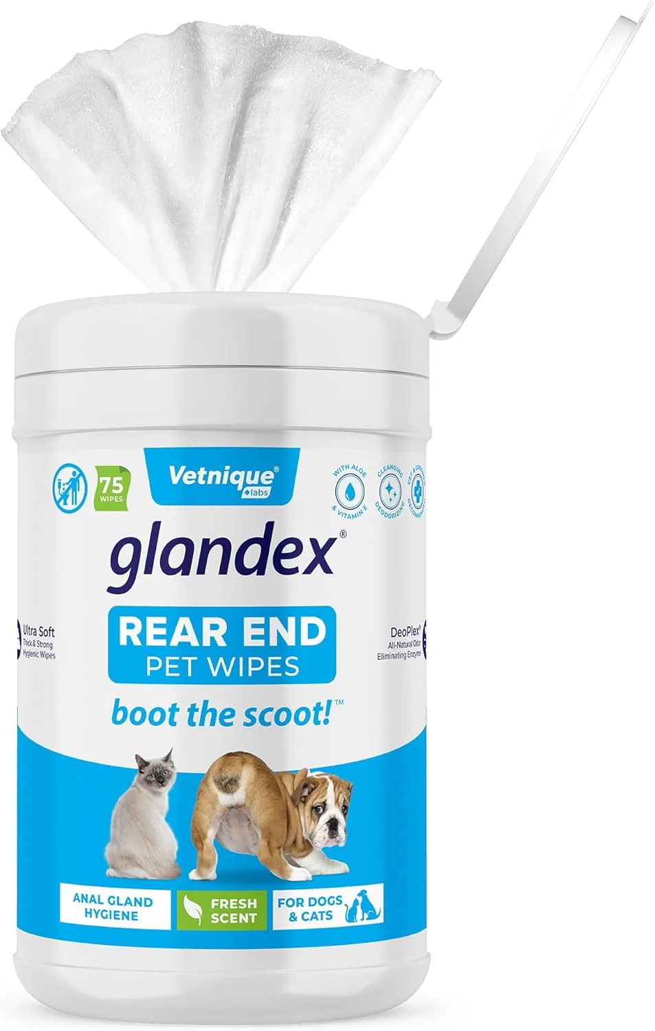 Green Vetnique Labs Glandex Dog Wipes for Pets Cleansing Deodorizing Anal Gland Hygienic Dog Cat Wipes with Vitamin E Skin Conditioners and Aloe 75ct High-Quality