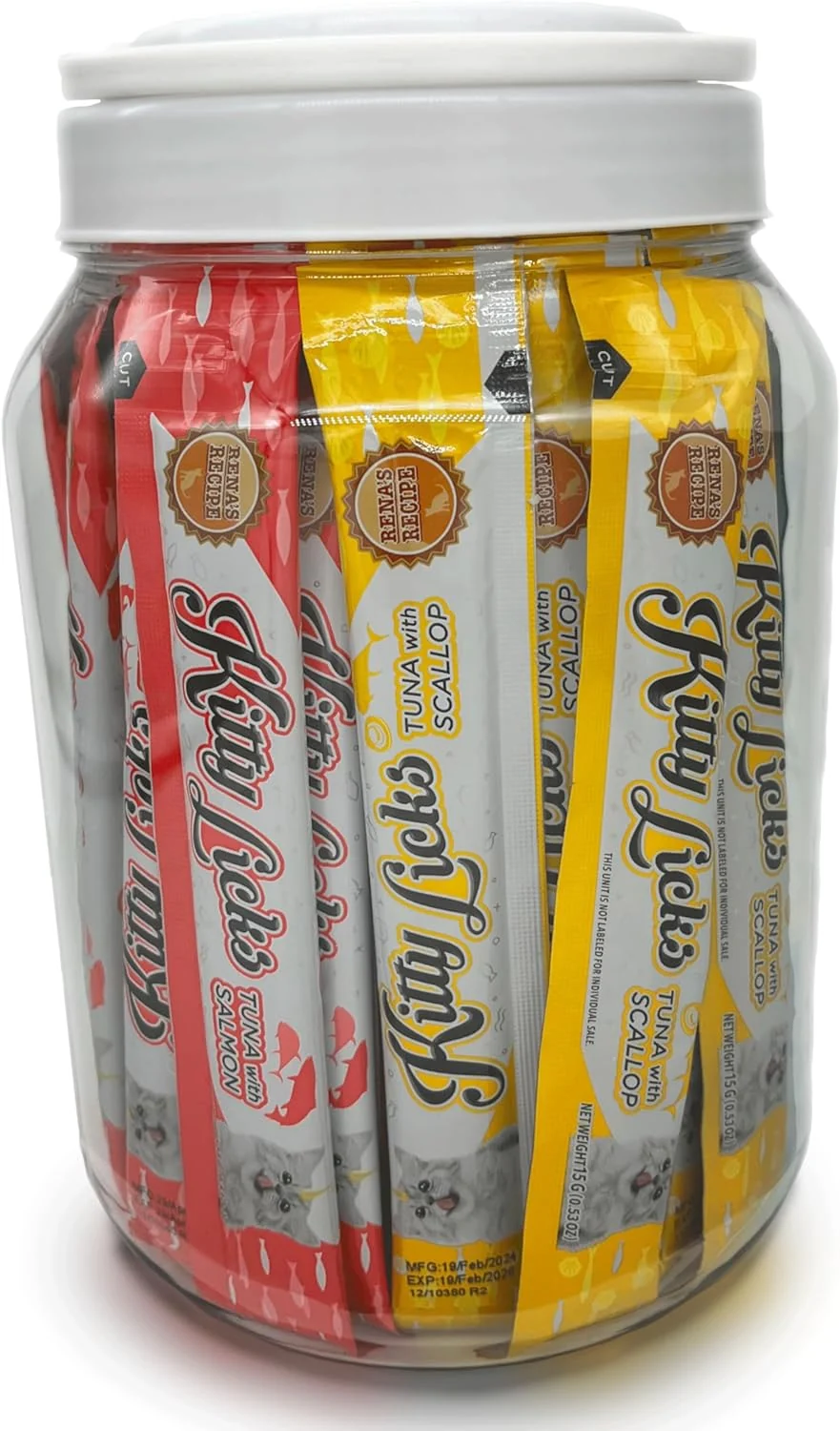 Smooth Rena's Recipe Kitty Licks Tuna Barrel 60 Tubes 4 flavorsX 15 Tubes Cream Lickable Cat Treats 4 Different Flavors Tuna with Seafood Scallop and Salmon Contemporary