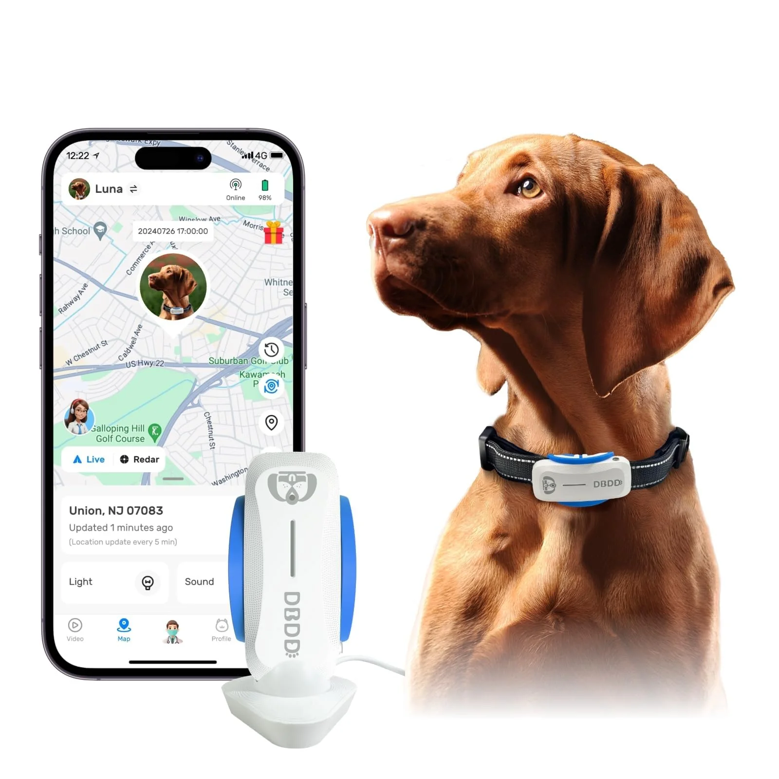 High-Performance DBDD Dog GPS Tracker — -Time Location Virtual Fence AI Vet Waterproof IP67 40 lbs Fast