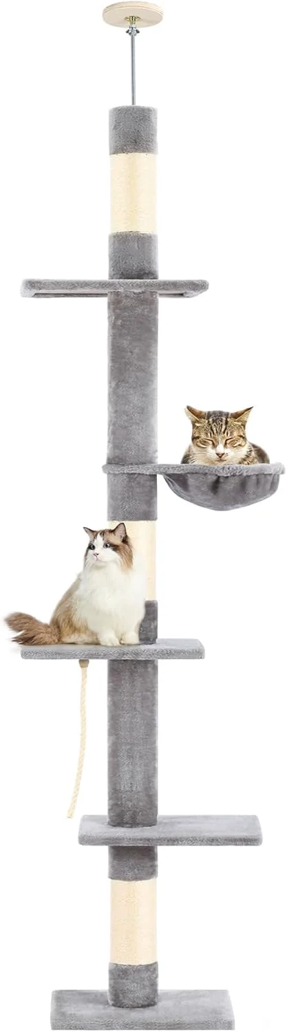 Breathable PAWSCRAT Cat Tree 5-Tier Floor-to-Ceiling Tower — Adjustable 89–109 in for Indoor Cats Casual