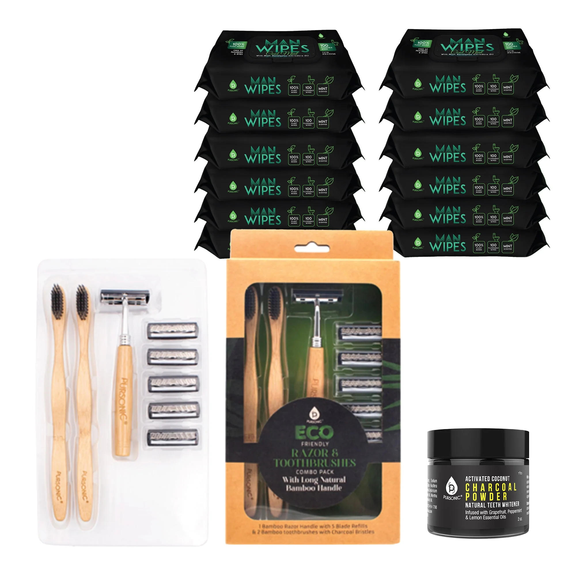 Exclusive Grooming Essentials Bundle Eco-Friendly Razor Flushable Man Wipes Activated Coconut Charcoal Powder Unique