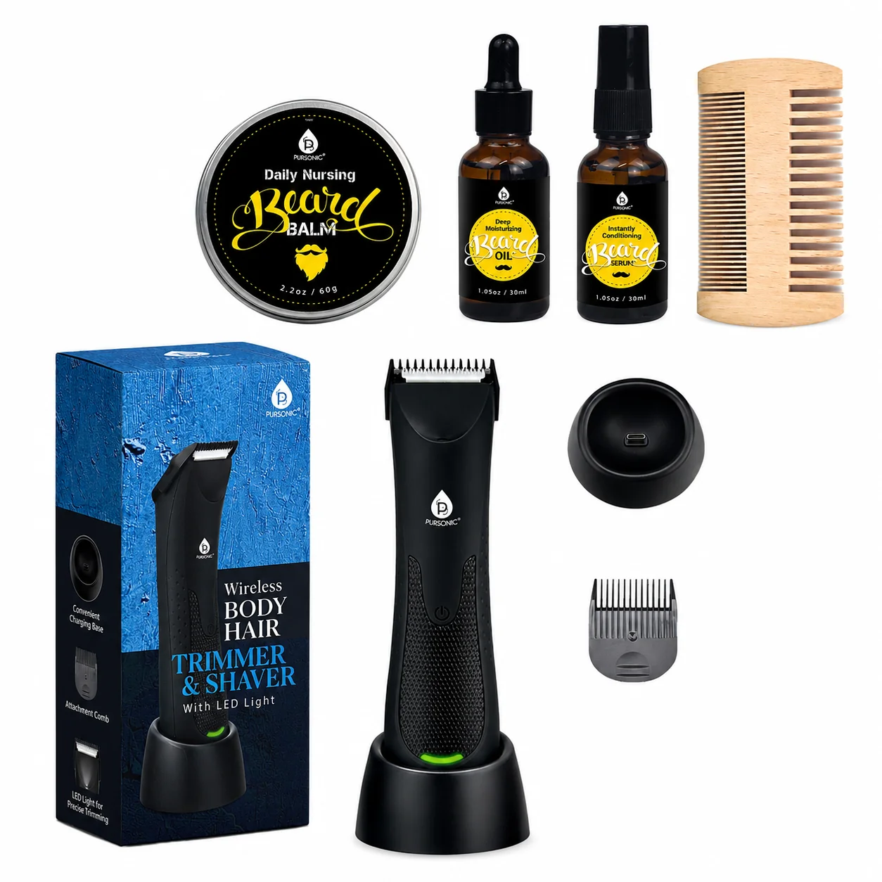 Dependable Wireless Body Hair Trimmer Shaver Beard Care Grooming Kit Bundle Pure