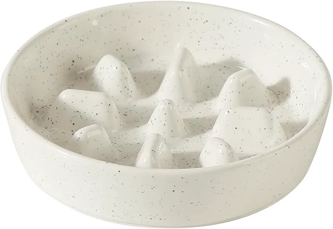 Contemporary Ceramic 1.2 Cup Dog Bowl Slow Feeder 7.3 inch Slow Pet Food Dish for Medium and Small Dog Stop Bloat Preventing Choking Single Bowl Vanilla White About ThisOverview Clean