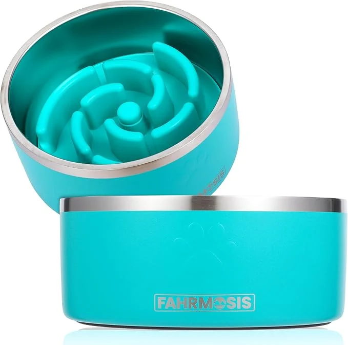 Traditional 64 OZ Dog Bowl with Slow Feeder Insert Stainless Steel Pet Water Bowl for Medium Large Breed Non Slip Rubber Base Plastic Puzzle Feeder - TealAbout ThisOverview Certified