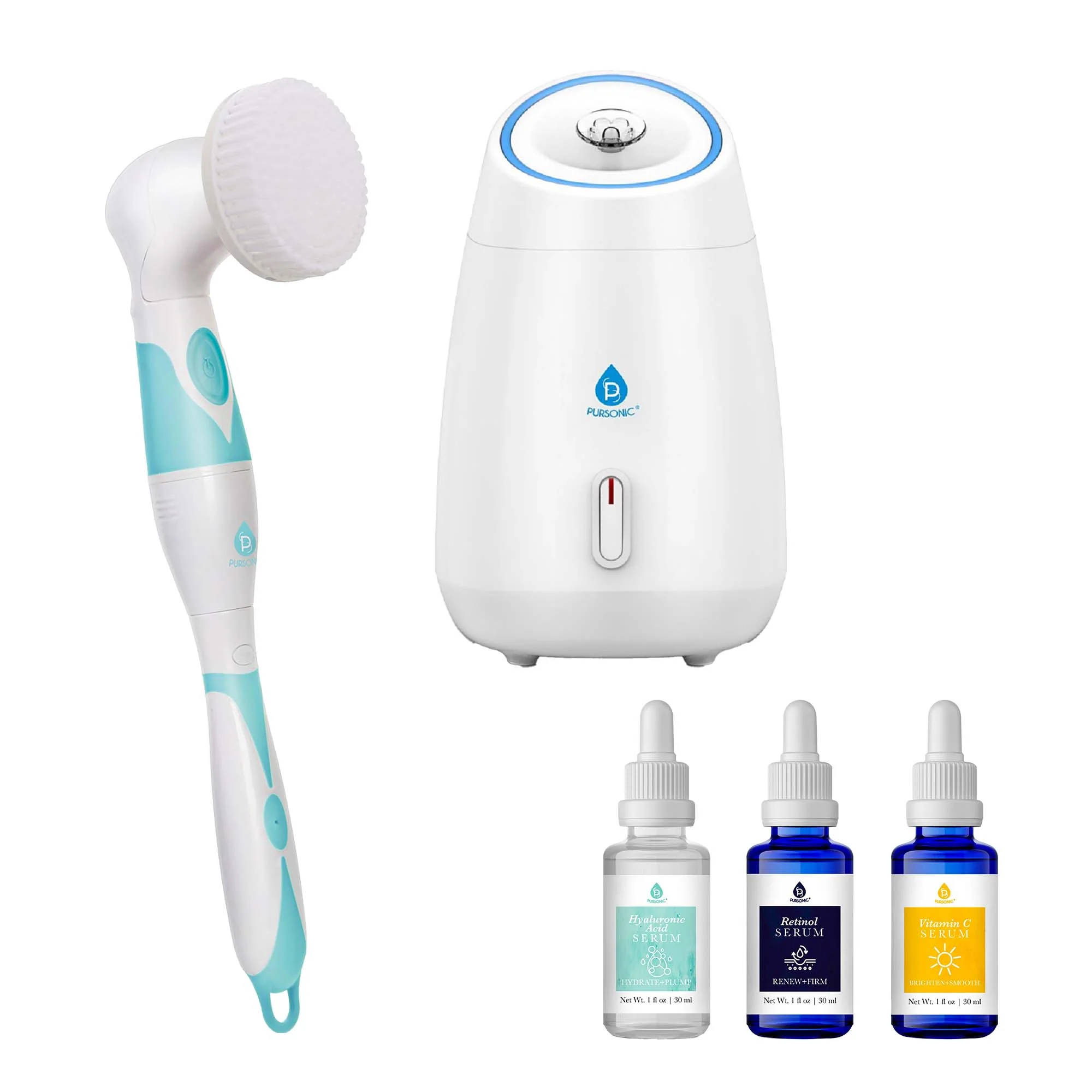 Enhanced Pursonic Complete Spa Skincare Bundle – Facial Steamer Cleansing Brush and Anti-Aging Serum Set Fine