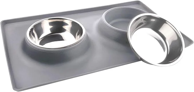 Trusted Dog Bowls with Mat Cat Food Water Bowl Set 13.5oz Each in No Spill Silicone Mat Dual Pet Feeder Bowl for Puppy Cats Small Medium Dogs Square Grey About ThisOverview World-Class