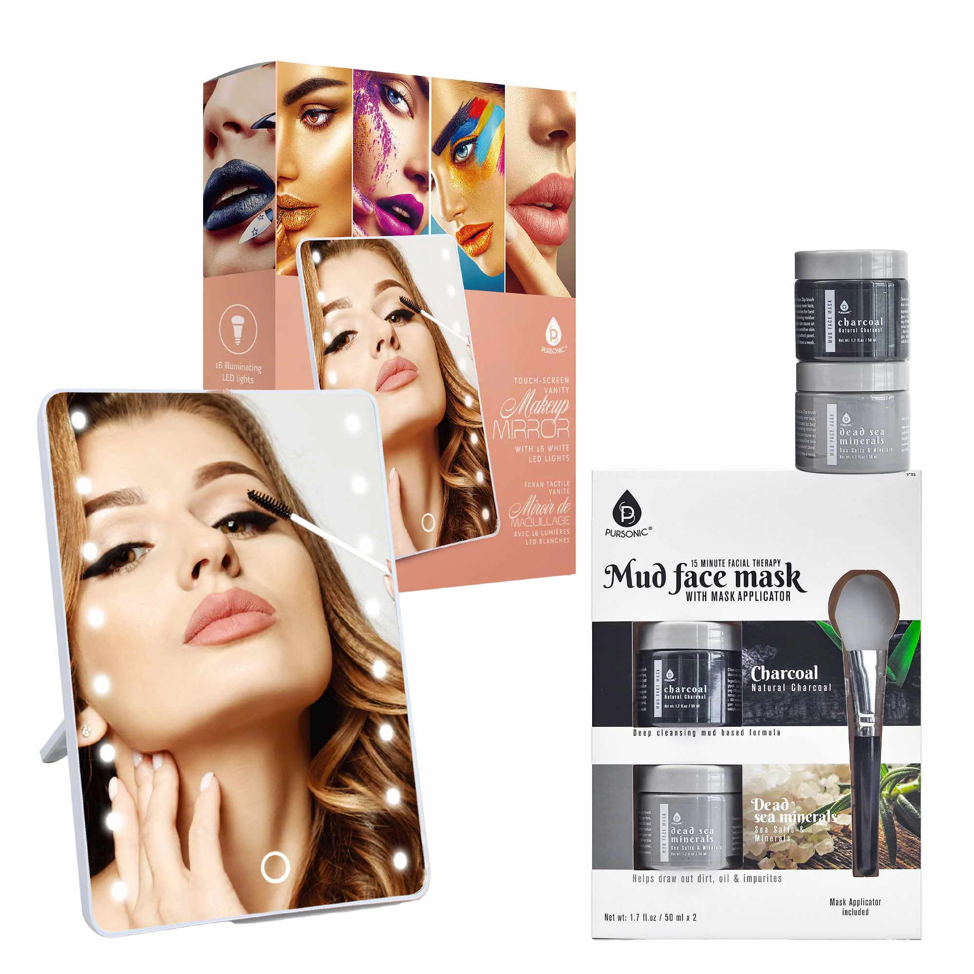 Elite Pursonic Touchscreen LED Vanity Mirror and Luxurious Gel Mud Face Mask Set High-Performance