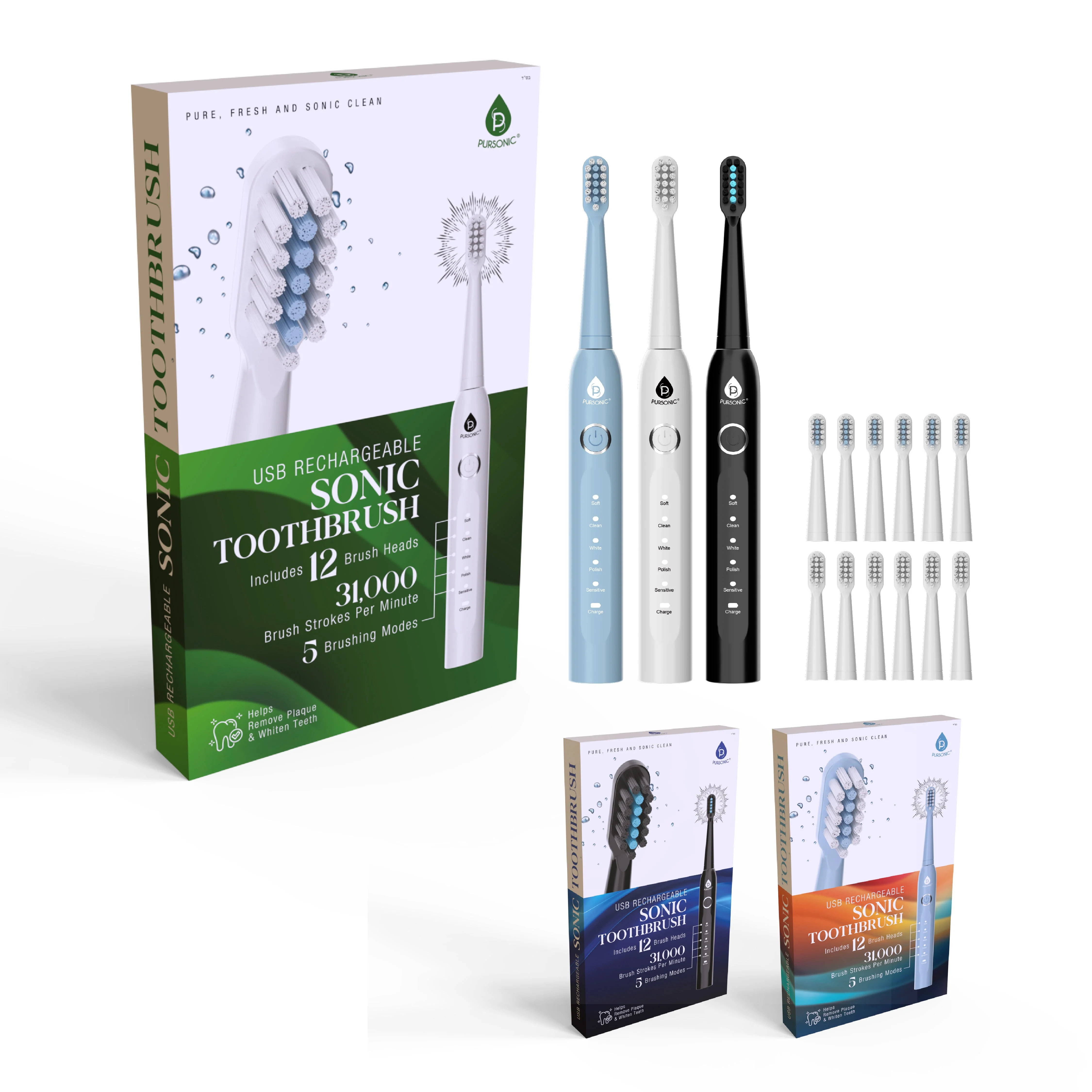 Prestigious USB Rechargeable Electric Toothbrush with 12 Brush Heads Green