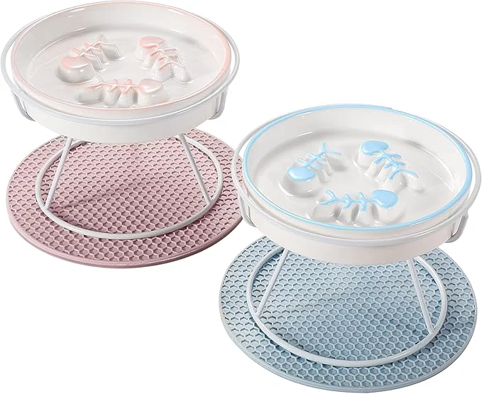 Soft 2PCS Ceramic Cat Slow Food Bowl for Wet and Dry Food d Design Prevents Vomiting and Obesity Raised Cat Puzzle Bowl Stress- Slow Food Plate Backflow Prevention for Cats and Small DogAbout ThisOverview High-End