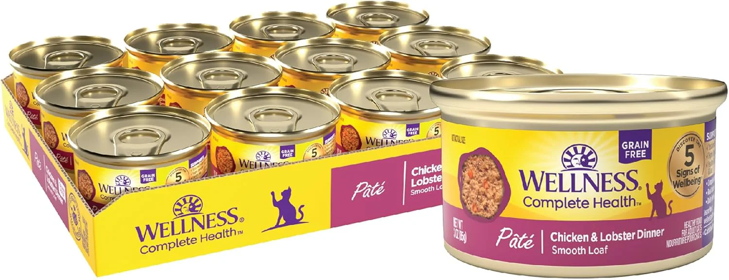 Easy-to-Use Wellness Complete Health Pate Adult Wet Cat Food Natural Protein-Rich Grain 3 Ounce 24 Pack Chicken Lobster Sustainable