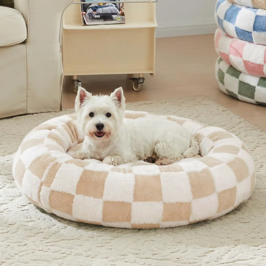 Contemporary Ohocut Checkered Round Dog Bed – Plush Donut Bed for Small Dogs Cats 30 inch Diameter Casual