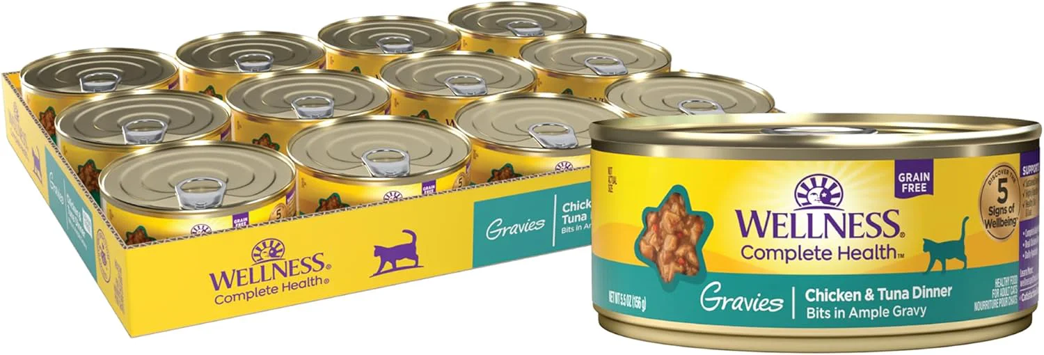 Certified Wellness Complete Health Gravy Adult Wet Cat Food Natural Protein-Rich Grain 5.5 Ounce 12 Pack Chicken Tuna Dinner Premium