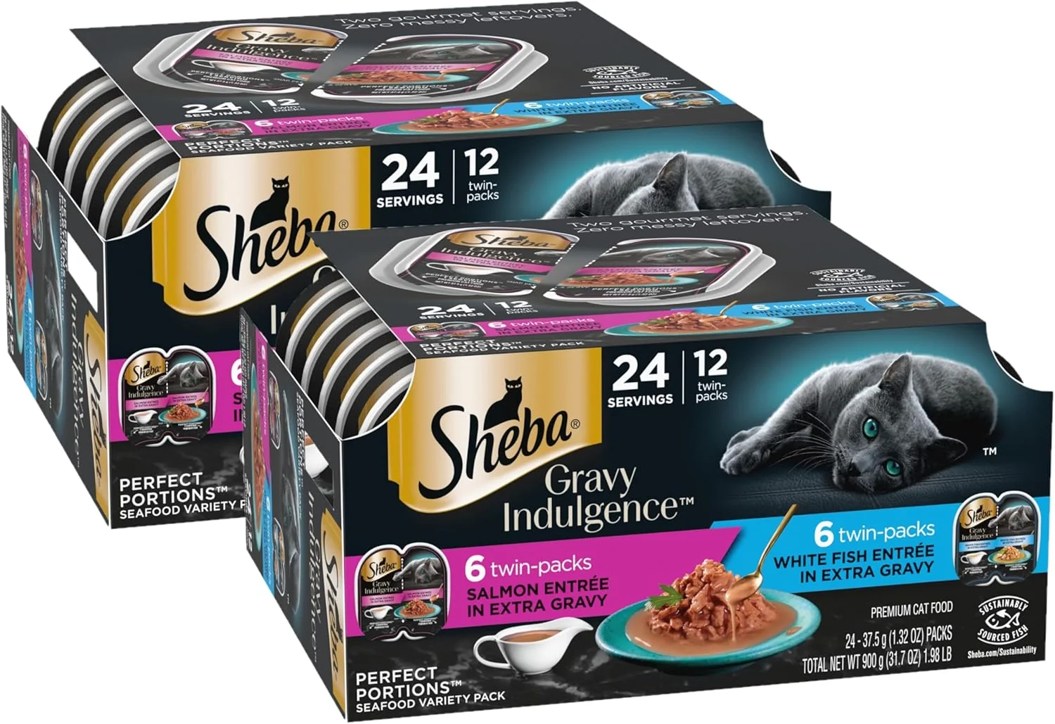 Sustainable Sheba Gravy Indulgence Adult Wet Cat Food Salmon Entree and Whitefish Entree in Extra Gravy Variety Pack 2.6 oz. Twin-Pack Trays 12 Count 24 Servings Pack of 2 Green