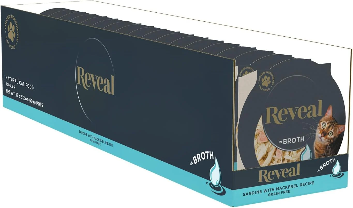 Genuine Reveal Natural Wet Cat Food 18 Count Grain Limited Ingredient Cat Food Cups Sardine with Mackerel in Broth 2.12 oz Easy Peel Cups Secure