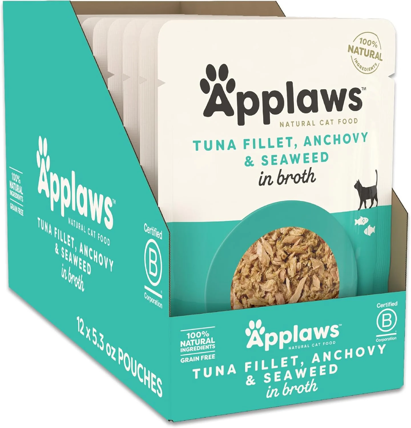 Crafted Applaws Natural Wet Cat Food in Broth Limited Ingredient Wet Cat Food Pouches No Additives Made with Natural Ingredients Tuna Fillet with Anchovy Seaweed in Broth 12 x 5.3oz Pouches Sustainable